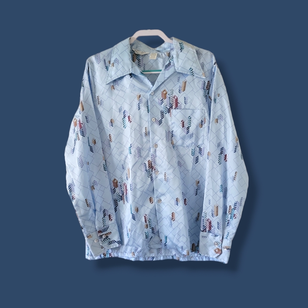 Made In California | Men's 70s VTG Light Blue Groovy Geo Disco Shirt